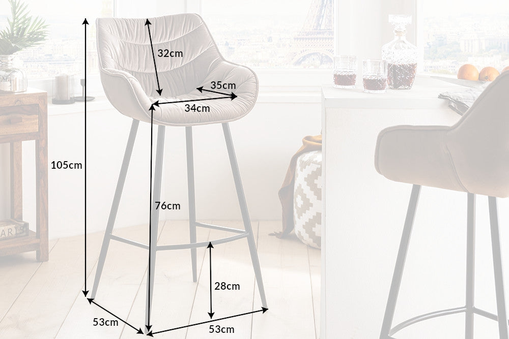 Scaun de bar tapitat cu Catifea Bej cu picioare din Metal Negru H105xL53xA53cm The Dutch