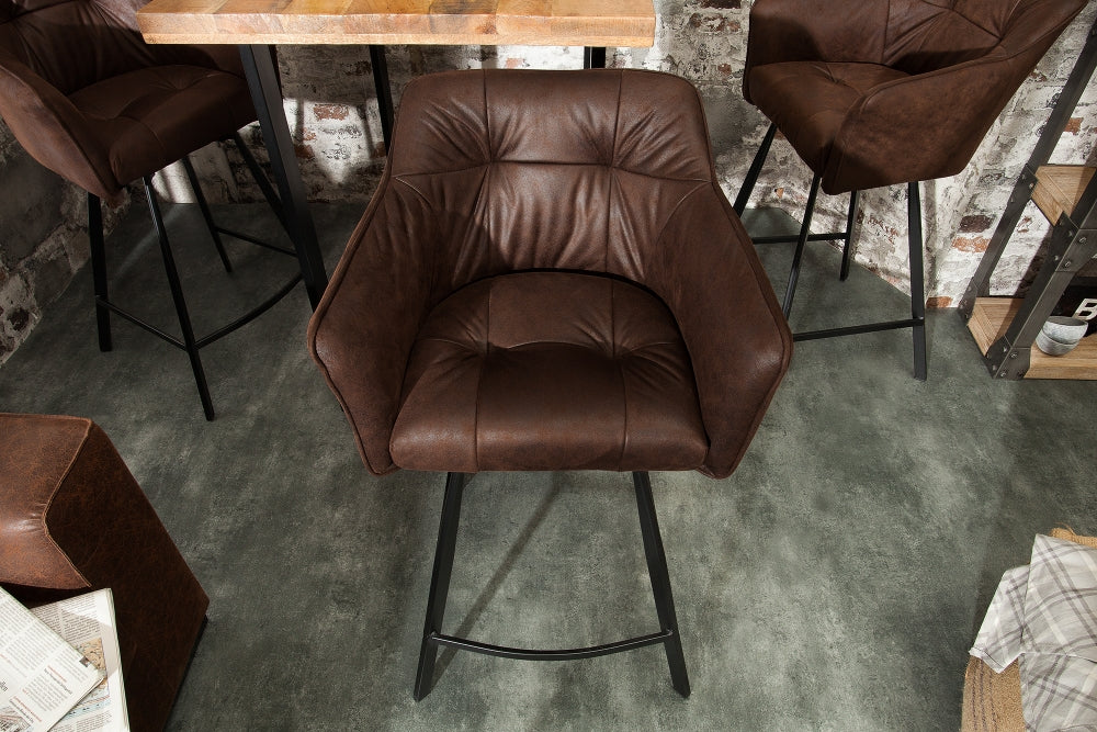 Scaun de bar tapitat cu Microfibra Maro cu picioare din Metal Negru H100xL57xA53cm Loft