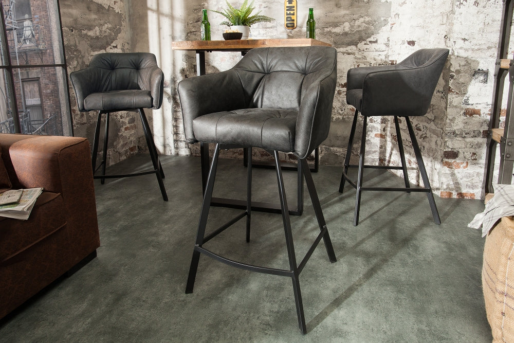 Scaun de bar tapitat cu Microfibra Gri inchis cu picioare din Metal Negru H100xL57xA53cm Loft