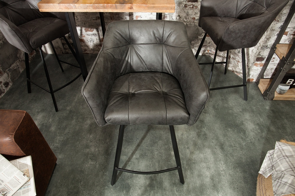 Scaun de bar tapitat cu Microfibra Gri inchis cu picioare din Metal Negru H100xL57xA53cm Loft