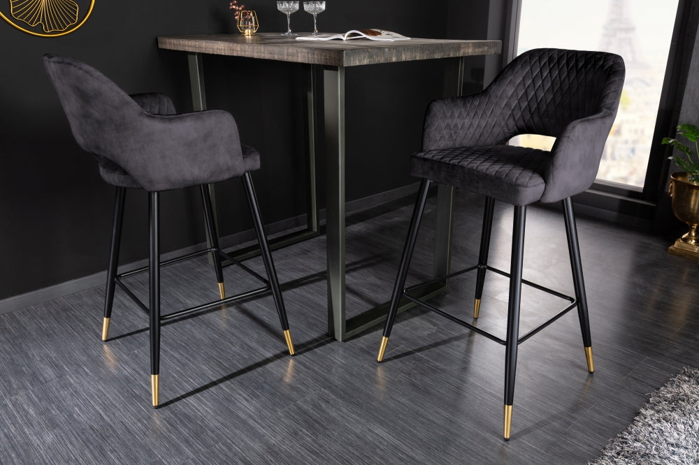 Scaun de bar tapitat cu Catifea Gri antracit cu picioare din Metal Negru/Auriu H104xL51xA60cm Paris
