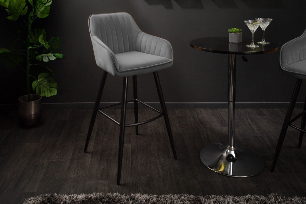 Set 2 scaune de bar tapitat cu Catifea Gri cu picioare din Metal Negru H102xL52xA55cm Turin