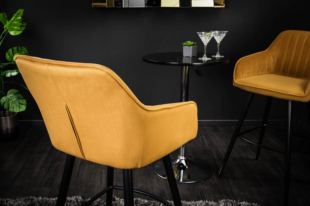 Set 2 scaune de bar tapitat cu Catifea Galben cu picioare din Metal Negru H102xL52xA55cm Turin