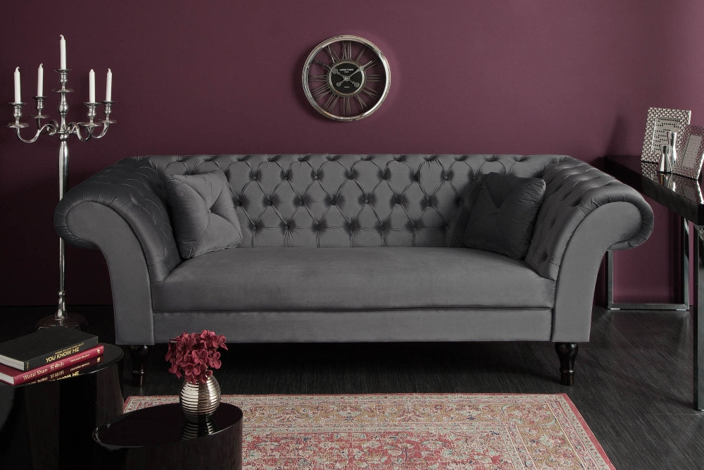 Canapea fixa tapitata cu Catifea Gri L225cm Paris Chesterfield