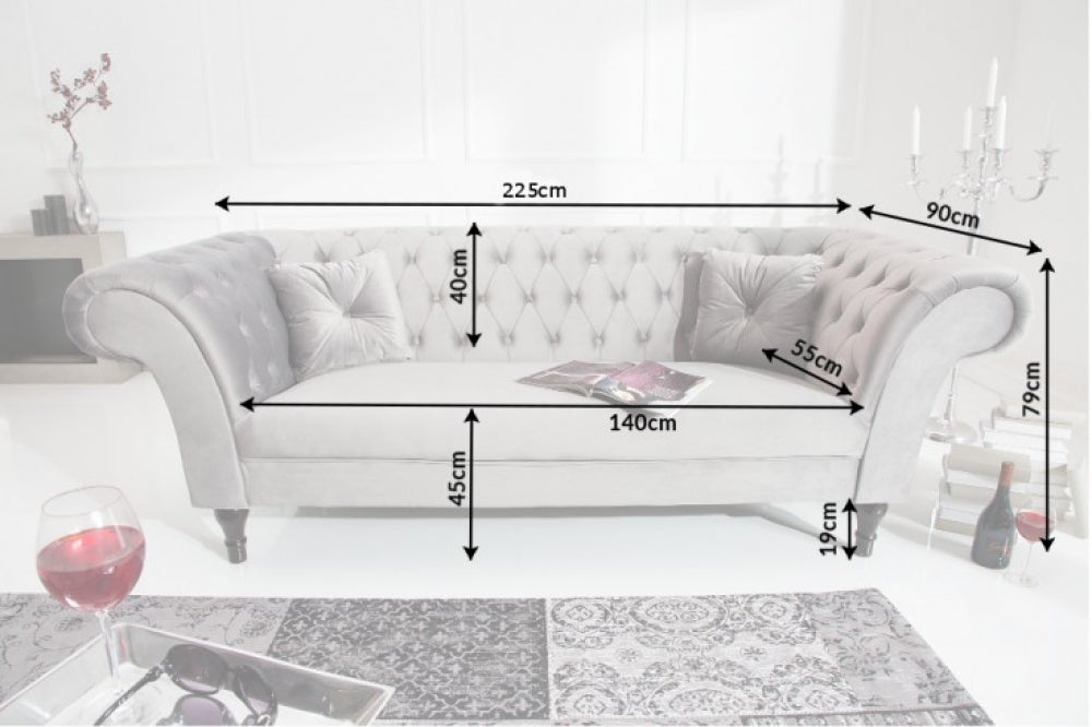 Canapea fixa tapitata cu Catifea Gri L225cm Paris Chesterfield