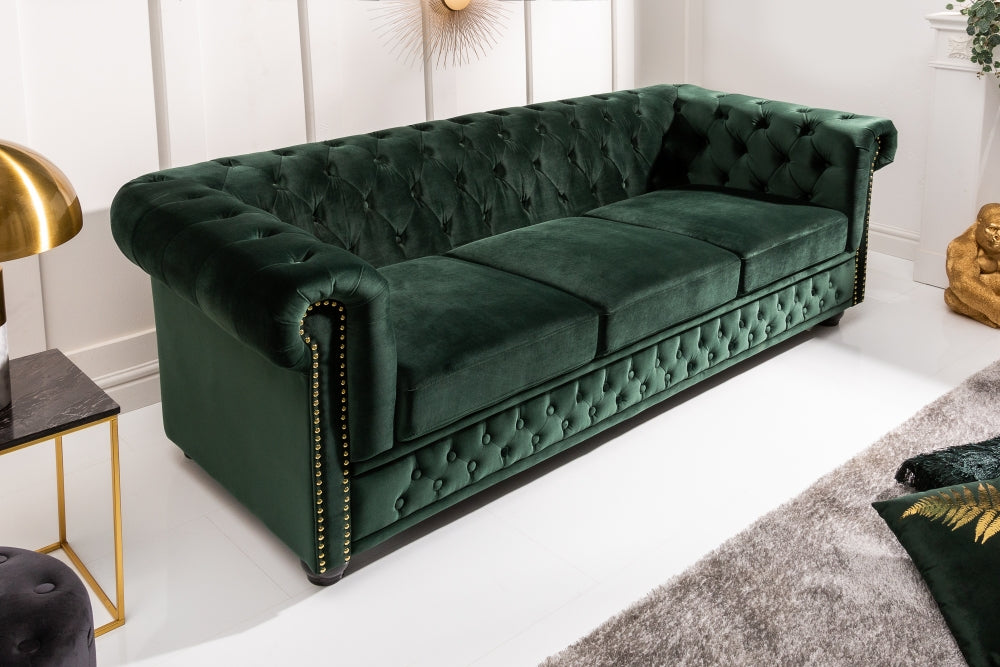 Canapea fixa de 3 locuri tapitata cu Catifea Verde L205cm Chesterfield