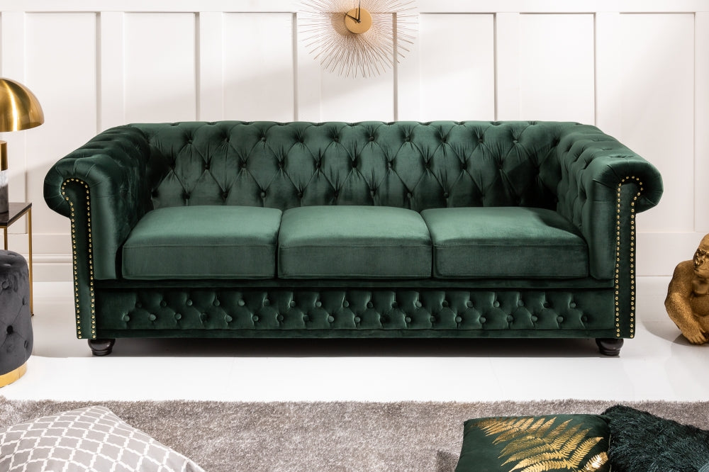 Canapea fixa de 3 locuri tapitata cu Catifea Verde L205cm Chesterfield