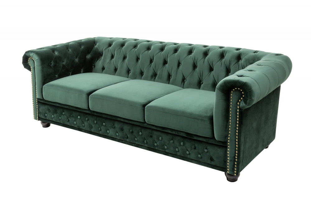Canapea fixa de 3 locuri tapitata cu Catifea Verde L205cm Chesterfield