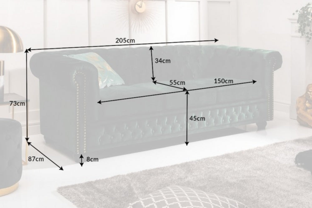 Canapea fixa de 3 locuri tapitata cu Catifea Verde L205cm Chesterfield