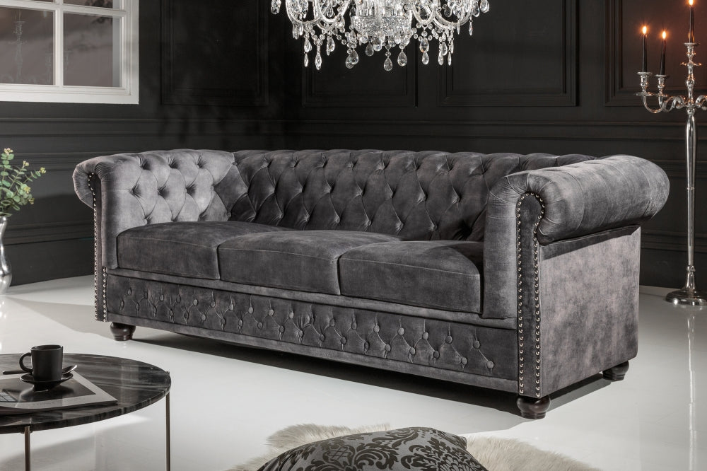 Canapea fixa de 3 locuri tapitata cu Catifea Gri L205cm Chesterfield