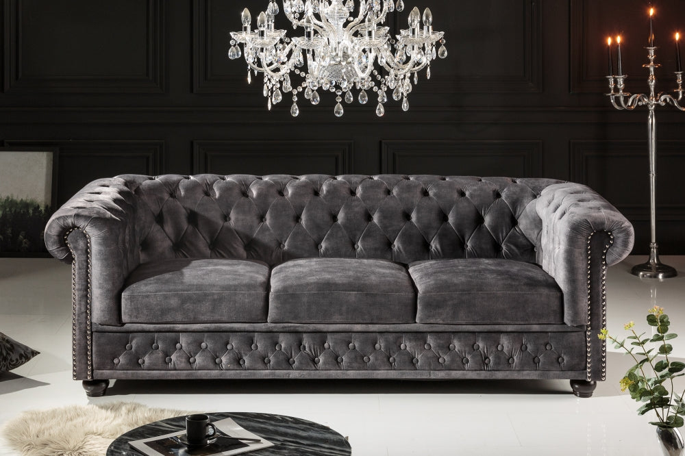 Canapea fixa de 3 locuri tapitata cu Catifea Gri L205cm Chesterfield
