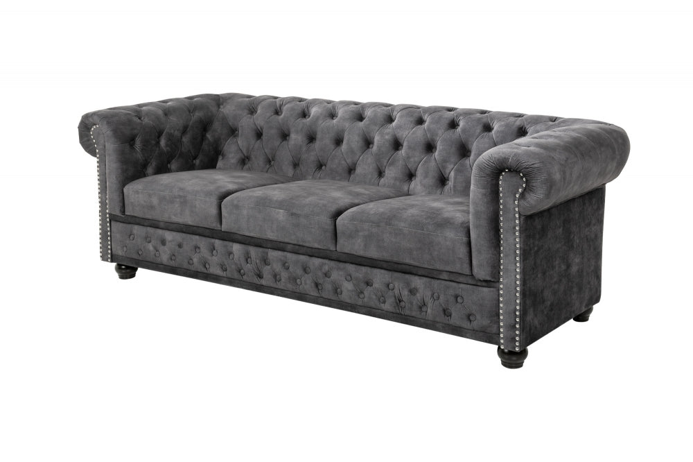Canapea fixa de 3 locuri tapitata cu Catifea Gri L205cm Chesterfield