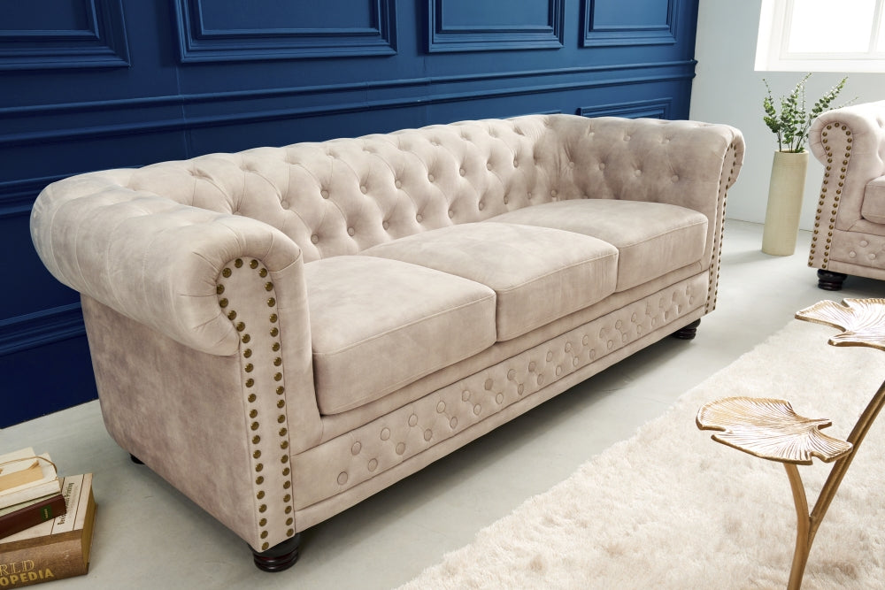 Canapea fixa de 3 locuri tapitata cu Catifea Crem L200cm Chesterfield