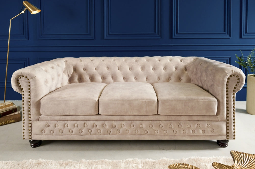 Canapea fixa de 3 locuri tapitata cu Catifea Crem L200cm Chesterfield