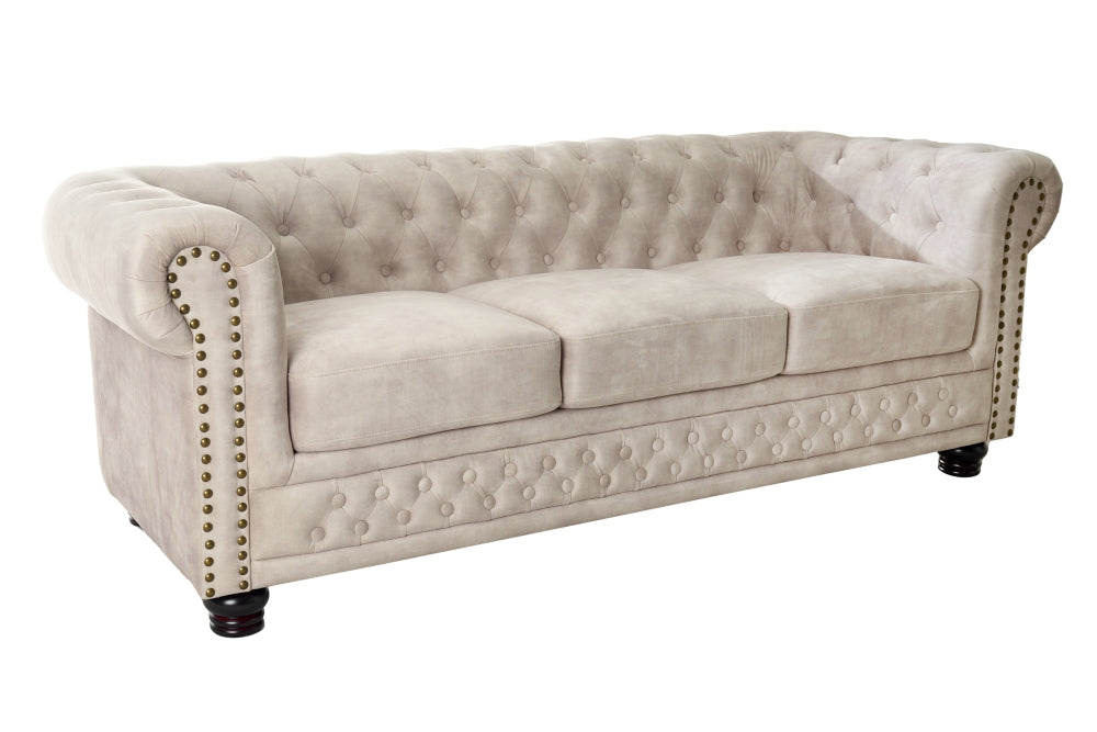 Canapea fixa de 3 locuri tapitata cu Catifea Crem L200cm Chesterfield