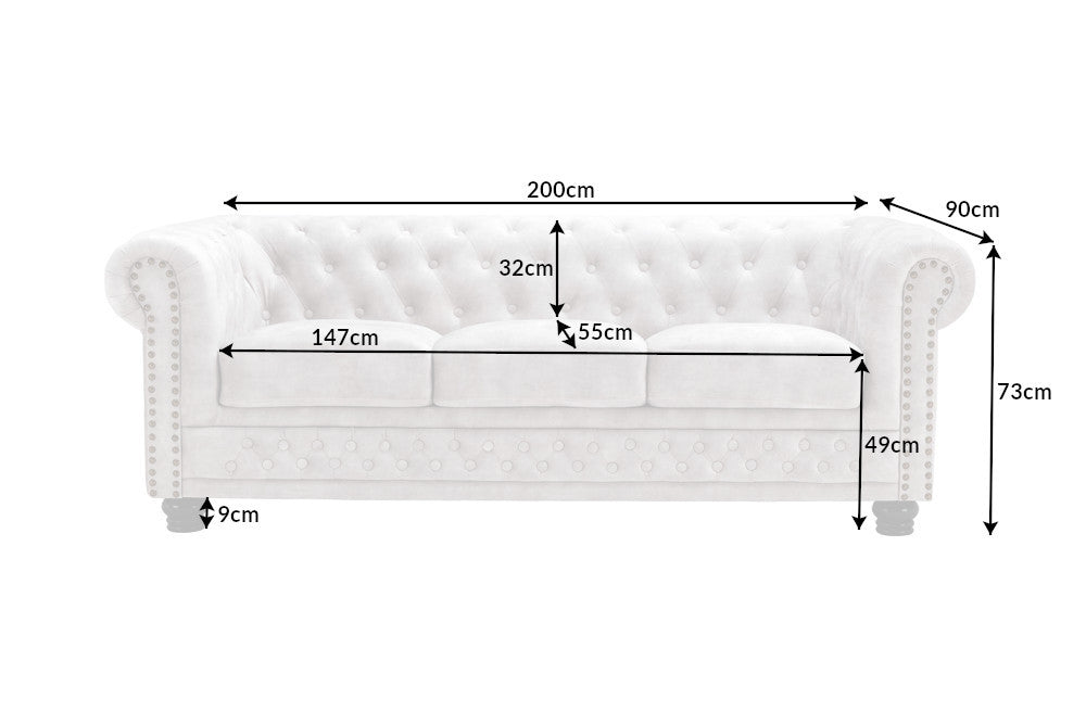 Canapea fixa de 3 locuri tapitata cu Catifea Crem L200cm Chesterfield