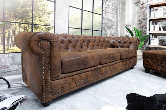 Canapea fixa de 3 locuri tapitata cu Microfibra Maro antichizat L205cm Chesterfield