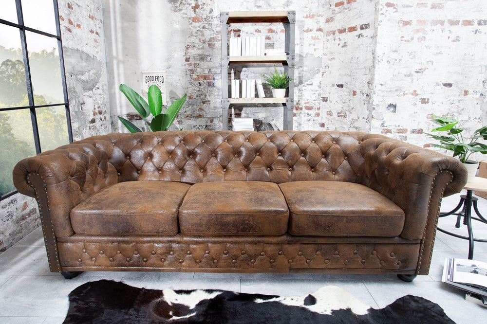 Canapea fixa de 3 locuri tapitata cu Microfibra Maro antichizat L205cm Chesterfield