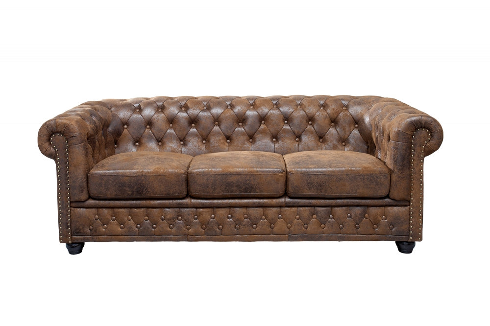 Canapea fixa de 3 locuri tapitata cu Microfibra Maro antichizat L205cm Chesterfield