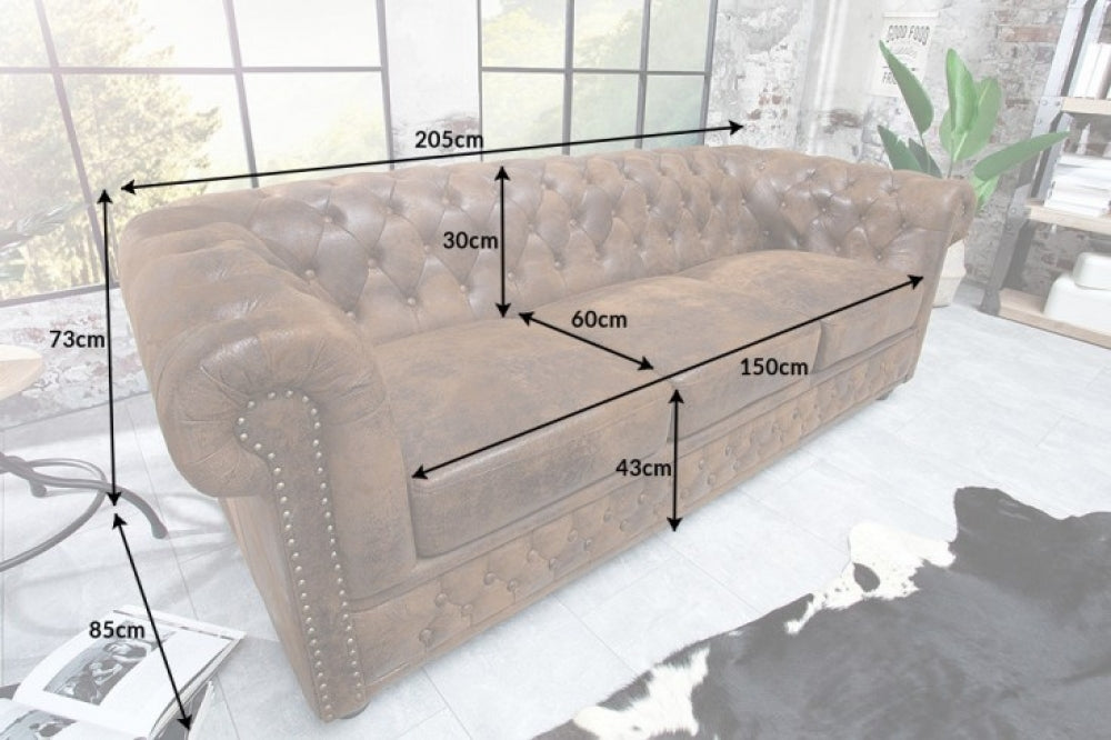 Canapea fixa de 3 locuri tapitata cu Microfibra Maro antichizat L205cm Chesterfield