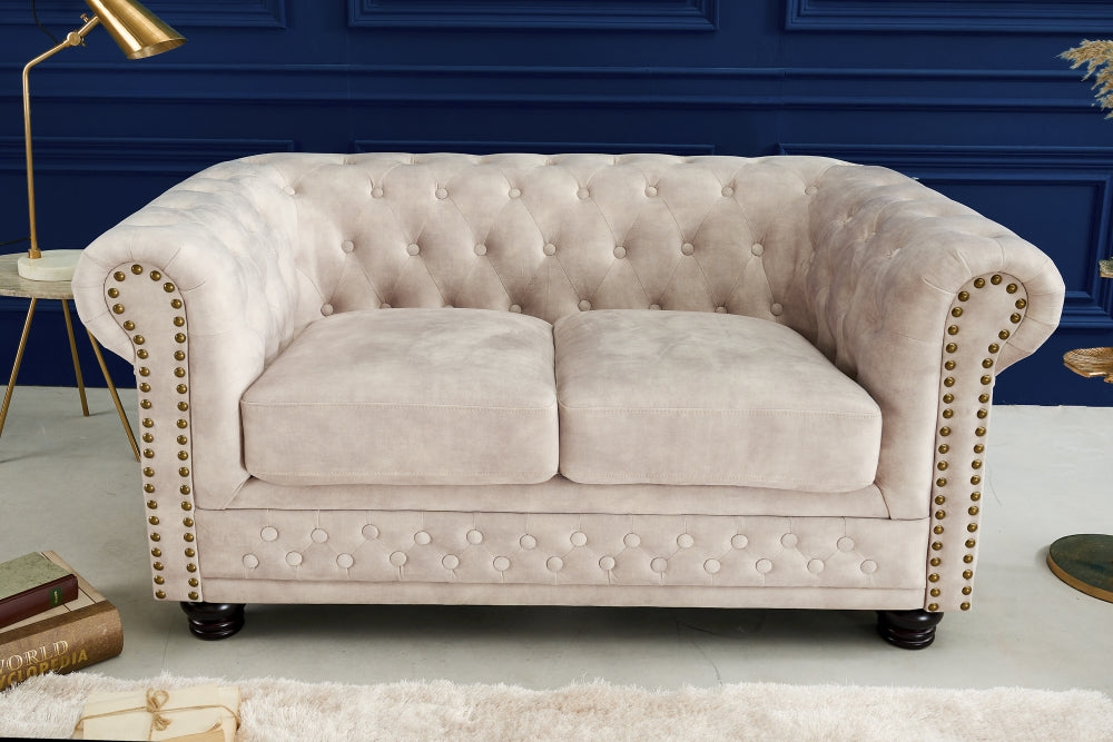 Canapea fixa de 2 locuri tapitata cu Catifea Crem L150cm Chesterfield