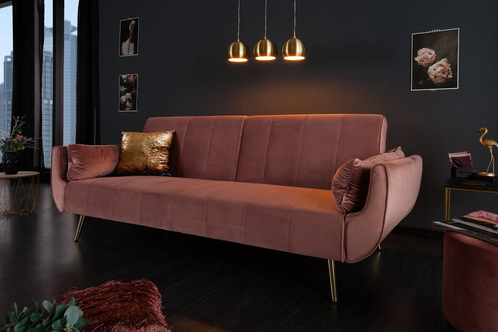 Canapea extensibila din Catifea Roz antic cu picioare aurii L215cm Divani II