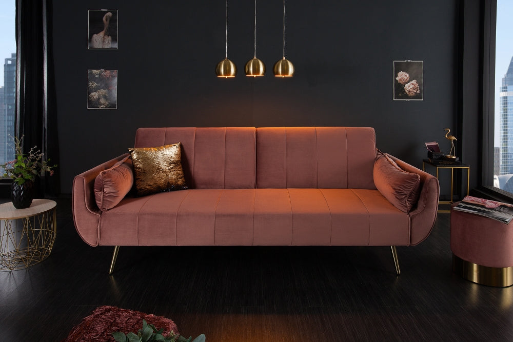 Canapea extensibila din Catifea Roz antic cu picioare aurii L215cm Divani II