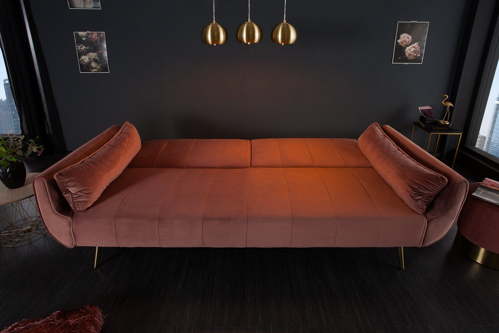 Canapea extensibila din Catifea Roz antic cu picioare aurii L215cm Divani II