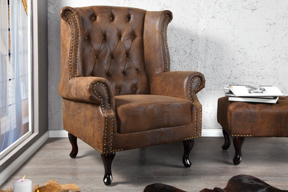 Fotoliu tapitat cu Microfibra Maro cu picioare din Lemn masiv Maro H105xL85xA70cm Chesterfield