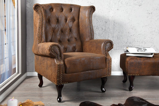 Fotoliu tapitat cu Microfibra Maro cu picioare din Lemn masiv Maro H105xL85xA70cm Chesterfield