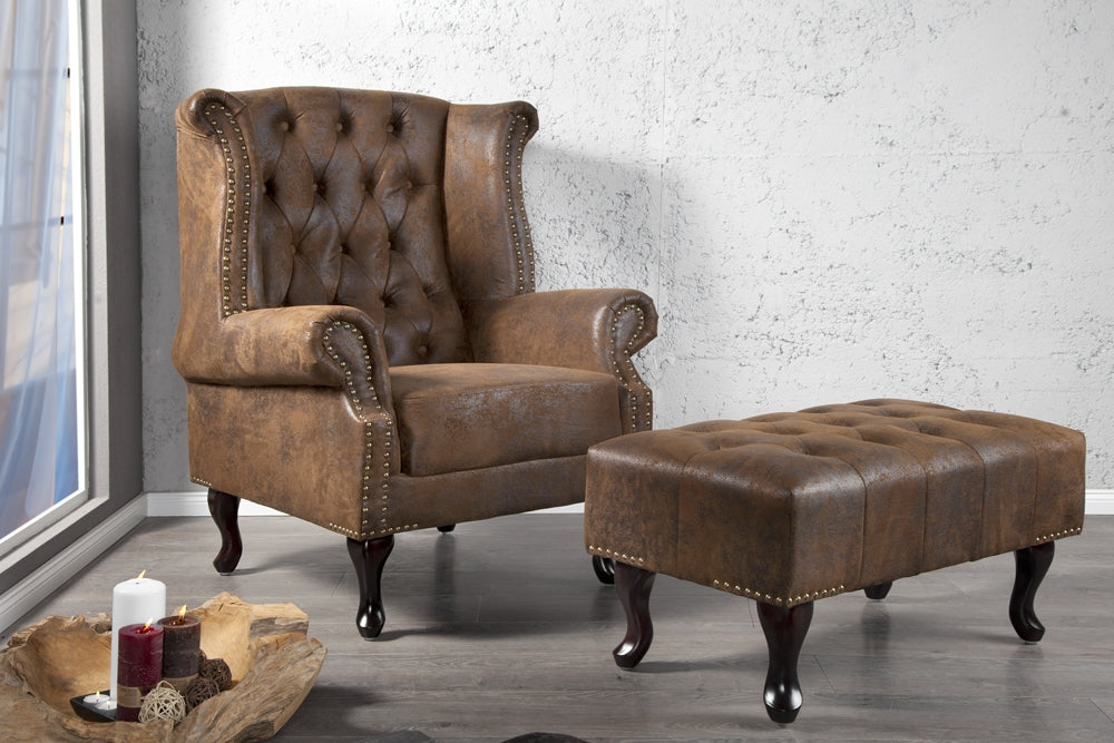 Fotoliu tapitat cu Microfibra Maro cu picioare din Lemn masiv Maro H105xL85xA70cm Chesterfield