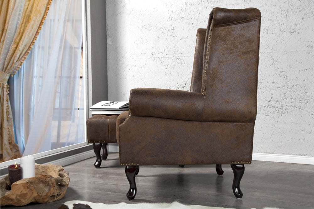 Fotoliu tapitat cu Microfibra Maro cu picioare din Lemn masiv Maro H105xL85xA70cm Chesterfield