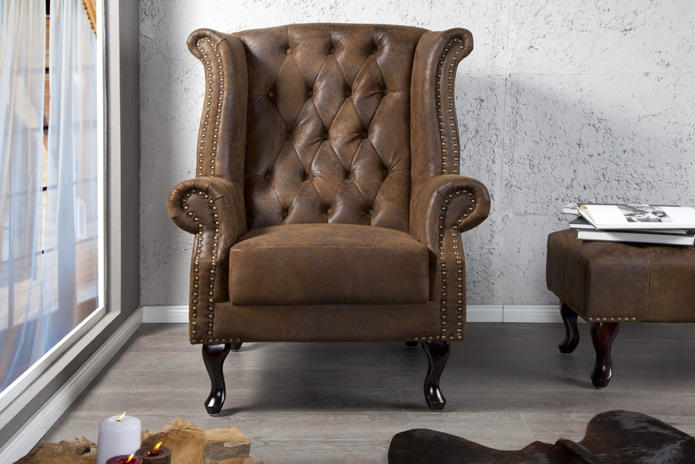 Fotoliu tapitat cu Microfibra Maro cu picioare din Lemn masiv Maro H105xL85xA70cm Chesterfield