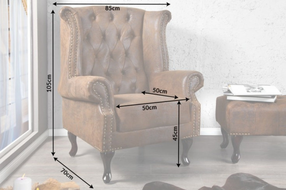 Fotoliu tapitat cu Microfibra Maro cu picioare din Lemn masiv Maro H105xL85xA70cm Chesterfield