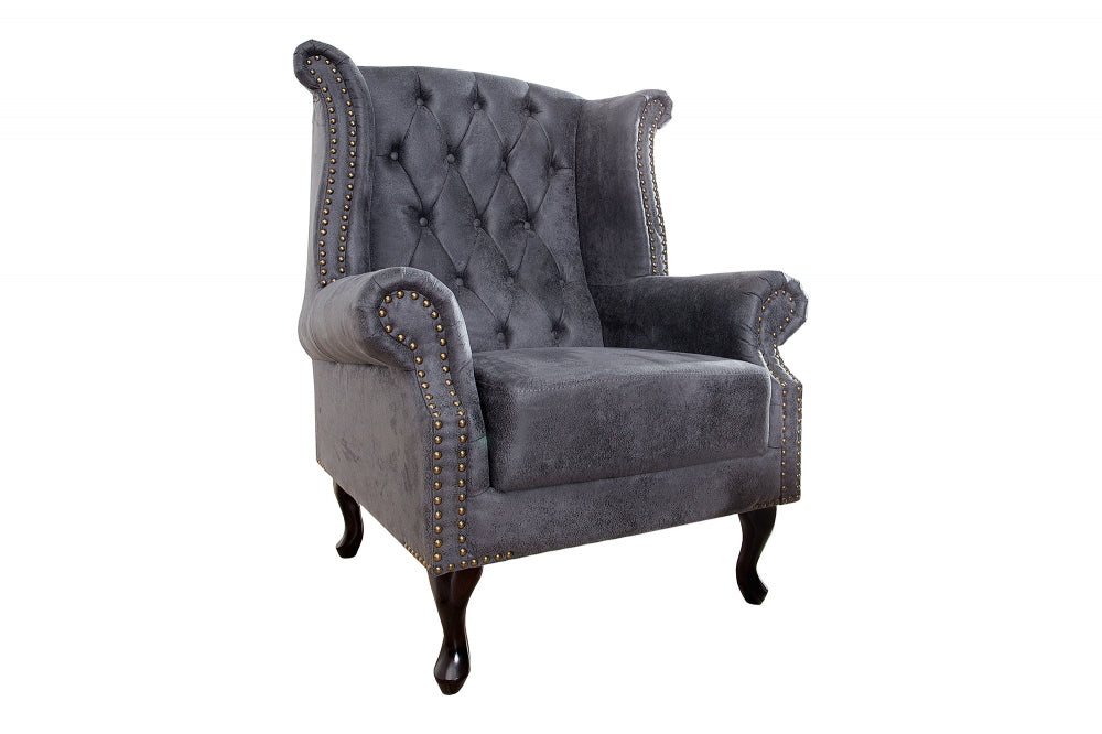 Fotoliu tapitat cu Microfibra Gri cu picioare din Lemn masiv Maro H105xL85xA80cm Chesterfield