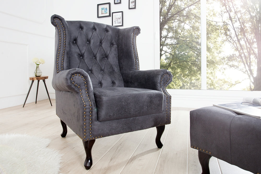 Fotoliu tapitat cu Microfibra Gri cu picioare din Lemn masiv Maro H105xL85xA80cm Chesterfield