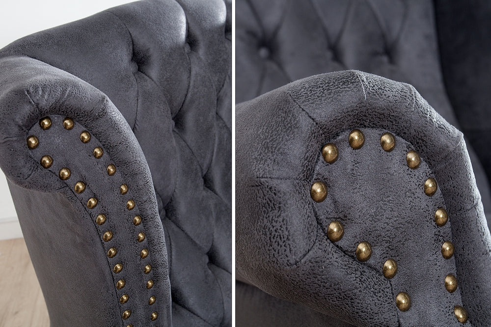 Fotoliu tapitat cu Microfibra Gri cu picioare din Lemn masiv Maro H105xL85xA80cm Chesterfield