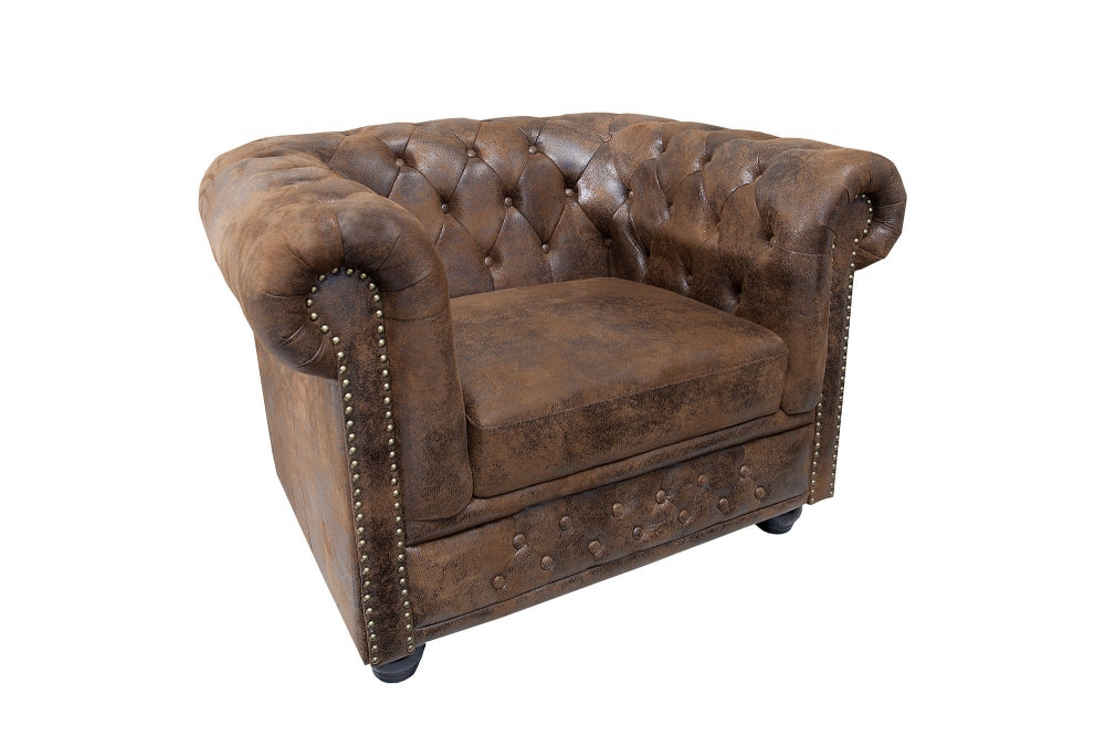 Fotoliu tapitat cu Microfibra Maro cu picioare din Lemn masiv Negru H73xL110xA85cm Chesterfield