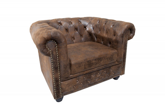 Fotoliu tapitat cu Microfibra Maro cu picioare din Lemn masiv Negru H73xL110xA85cm Chesterfield