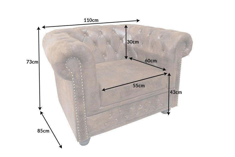 Fotoliu tapitat cu Microfibra Maro cu picioare din Lemn masiv Negru H73xL110xA85cm Chesterfield