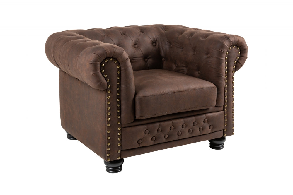 Fotoliu tapitat cu Microfibra Maro cu picioare din Lemn masiv Negru H72xL105xA87cm Chesterfield II