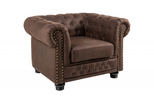 Fotoliu tapitat cu Microfibra Maro cu picioare din Lemn masiv Negru H72xL105xA87cm Chesterfield II