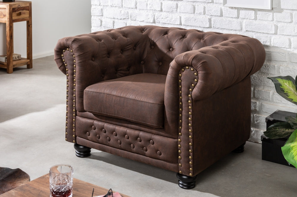 Fotoliu tapitat cu Microfibra Maro cu picioare din Lemn masiv Negru H72xL105xA87cm Chesterfield II