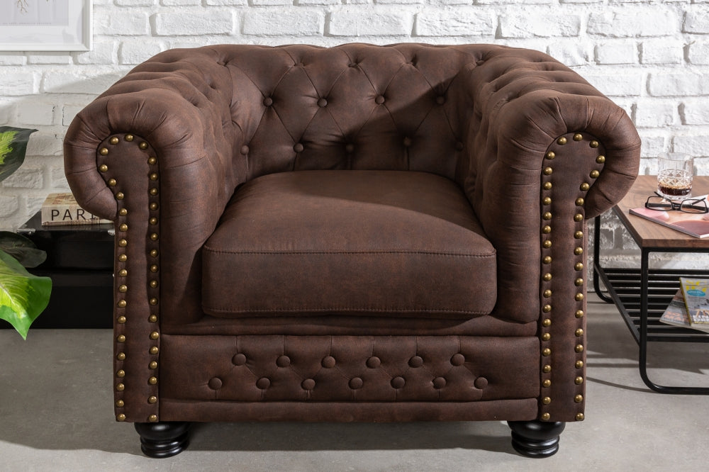 Fotoliu tapitat cu Microfibra Maro cu picioare din Lemn masiv Negru H72xL105xA87cm Chesterfield II