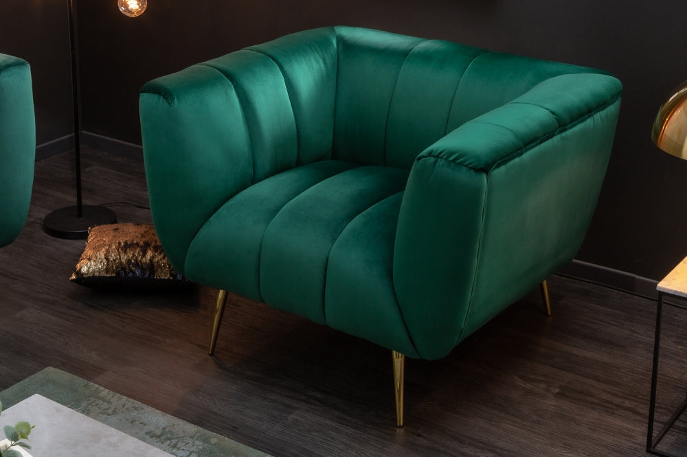 Fotoliu tapitat cu Catifea Verde cu picioare din Metal Auriu H80xL106xA90cm Noblesse