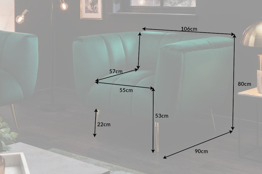 Fotoliu tapitat cu Catifea Verde cu picioare din Metal Auriu H80xL106xA90cm Noblesse