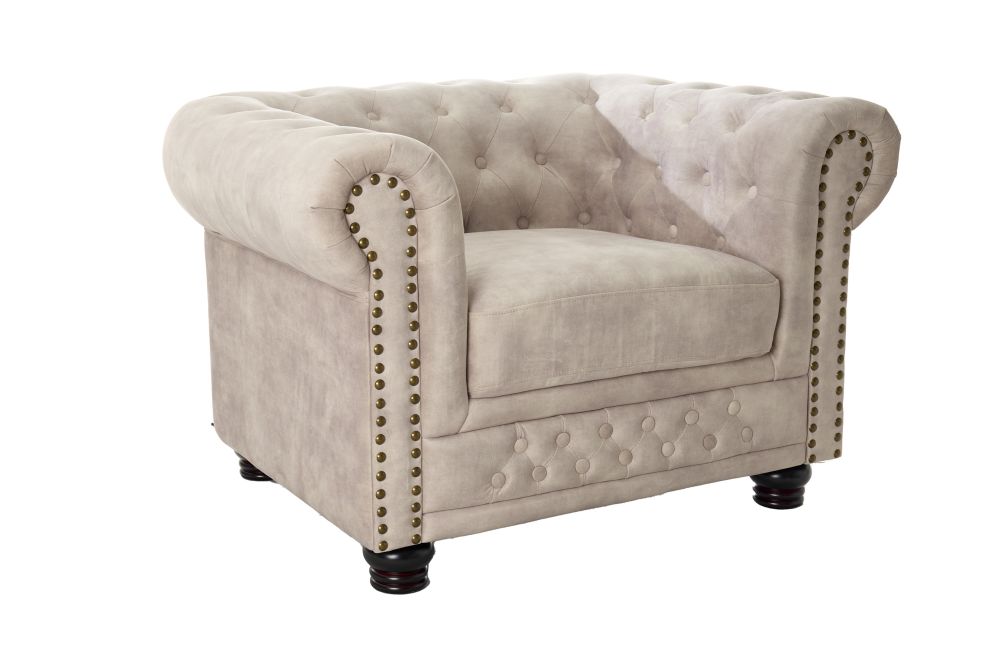 Fotoliu tapita cu Catifea Bej cu picioare din Lemn Maro L105xH72xA87cm Chesterfield