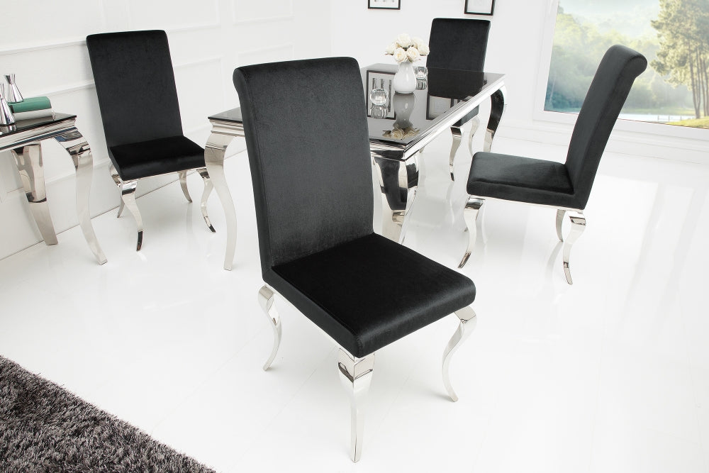 Set 2 scaune tapitat cu Catifea Negru cu picioare din Otel inoxidabil Argintiu H106xL44xA65cm Barock