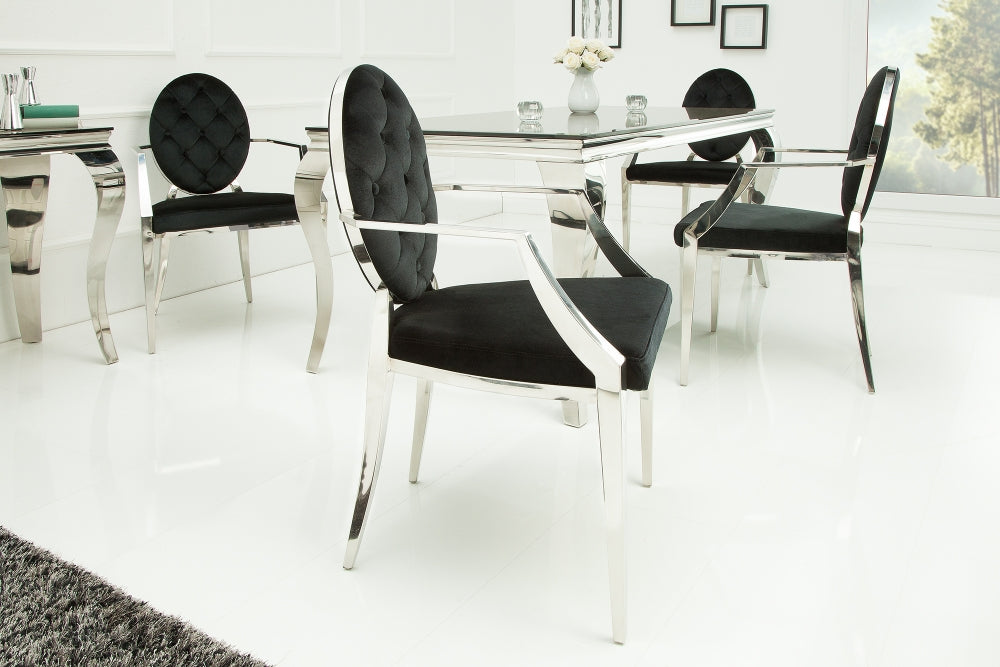 Scaun tapitat cu Catifea Negru cu picioare din Otel inoxidabil Argintiu H92xL63xA64cm Barock Modern