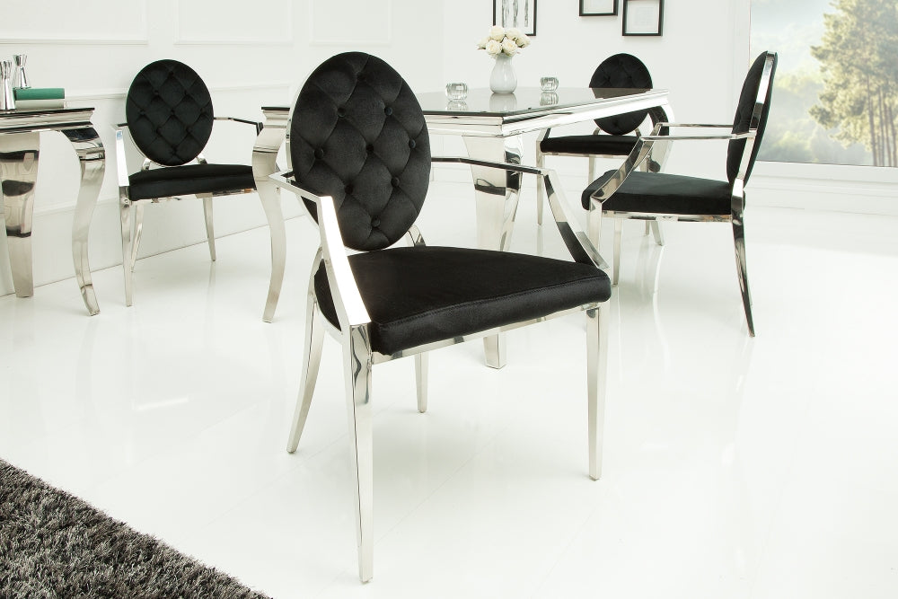 Scaun tapitat cu Catifea Negru cu picioare din Otel inoxidabil Argintiu H92xL63xA64cm Barock Modern